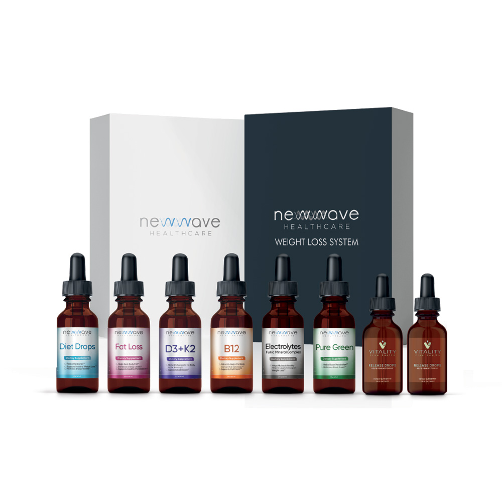 New Wave Weight Loss System supplement kit — eight dropper bottles and two boxes